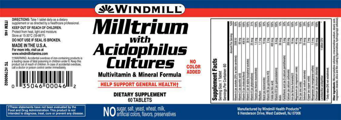 Label for Milltrium With Acidophilus Cultures
