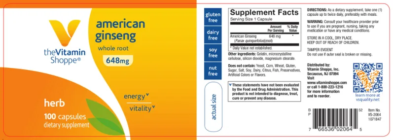 Label for American Ginseng 648 mg