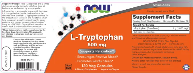 Label for L-Tryptophan 500 mg