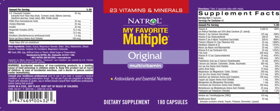 Label for My Favorite Multiple Original Multivitamin