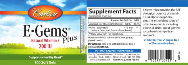 Label for E-Gems Plus 200 IU