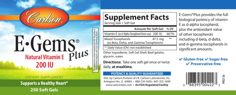 Label for E-Gems Plus 200 IU