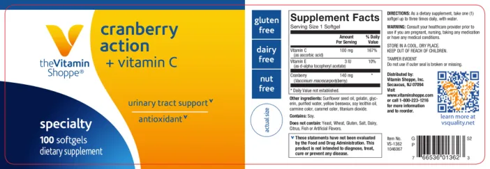 Label for Cranberry Action + Vitamin C