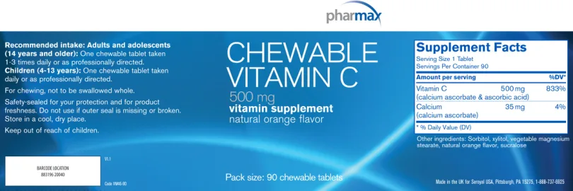 Label for Chewable Vitamin C 500 mg Natural Orange Flavor