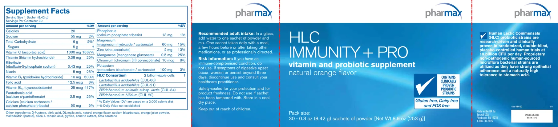 Label for HLC Immunity + Pro Natural Orange Flavor