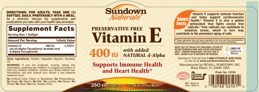 Label for Vitamin E 400 IU with added Natural D-Alpha