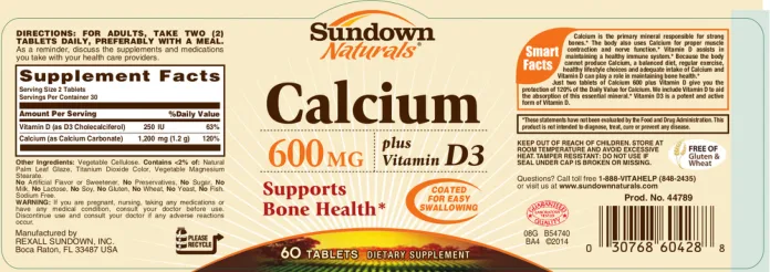 Label for Calcium 600 mg Plus Vitamin D3