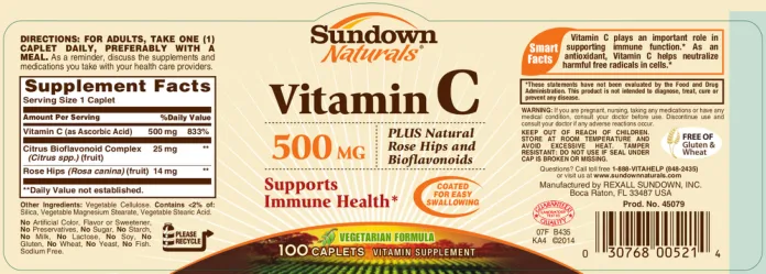Label for Vitamin C 500 mg Plus Natural Rose Hips and Bioflavonoids