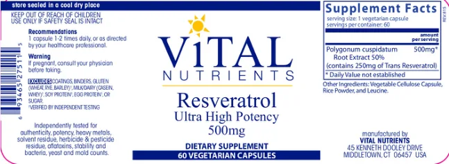 Label for Resveratrol Ultra High Potency 500 mg