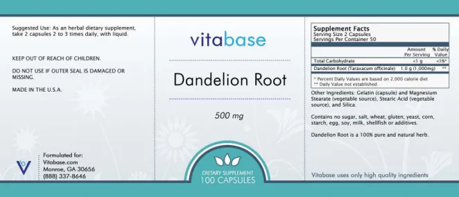 Label for Dandelion Root 500 mg