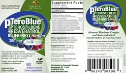 Label for pTeroBlue Pterostilbene Blueberry Complex 350 mg