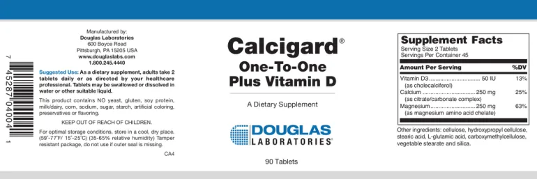 Label for Calcigard One-To-One Plus Vitamin D