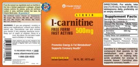 Label for Liquid L-Carnitine 500 mg