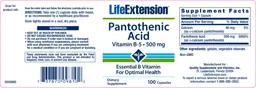 Label for Pantothenic Acid 500 mg