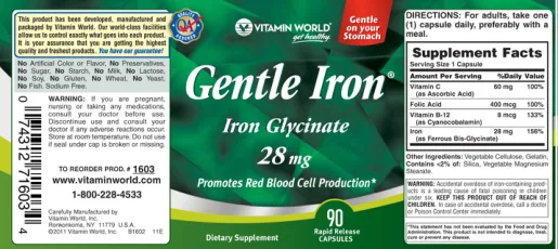 Label for Gentle Iron Iron Glycinate 28 mg