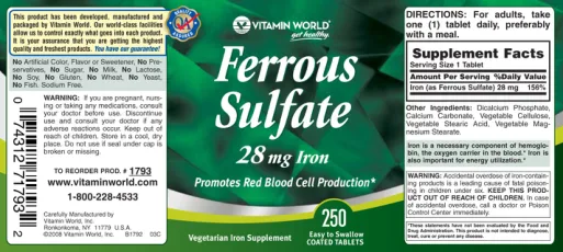 Label for Ferrous Sulfate 28 mg Iron