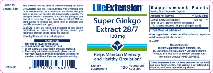 Label for Super Ginkgo Extract 28/7 120 mg