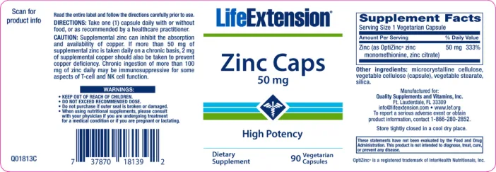Label for Zinc Caps 50 mg