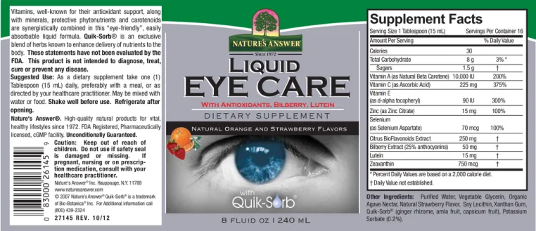 Label for Liquid Eye Care Natural Orange And Strawberry Flavors