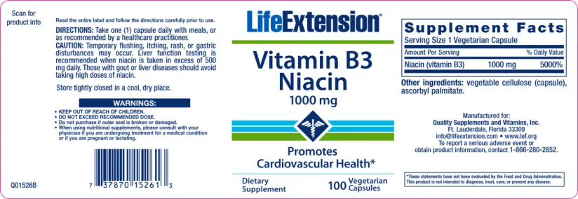 Label for Vitamin B3 Niacin 1000 mg