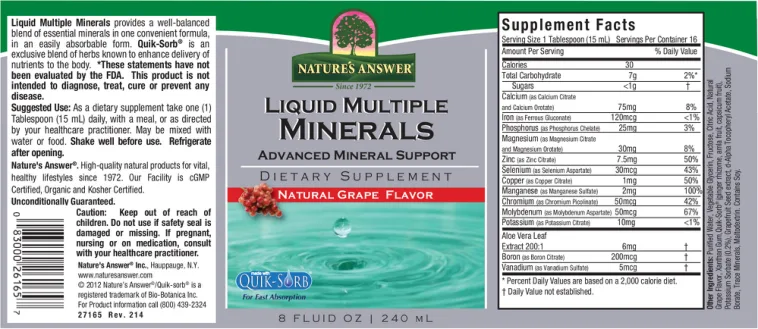 Label for Liquid Multiple Minerals Natural Grape Flavor