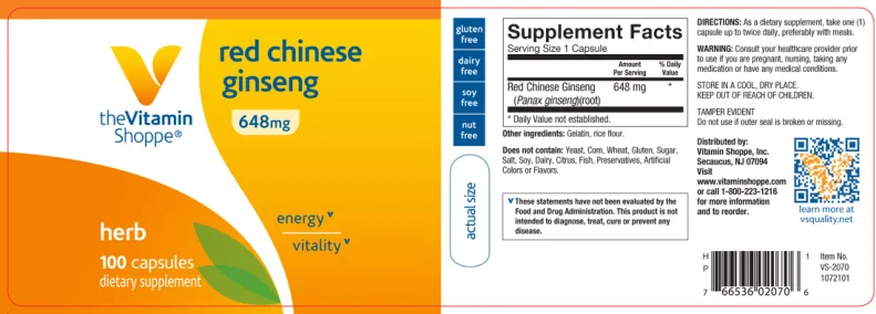 Label for Red Chinese Ginseng 648 mg