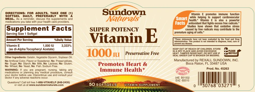 Label for Super Potency Vitamin E 1000 IU