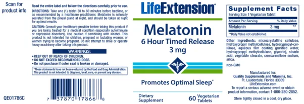 Label for Melatonin 3 mg 6 Hour Timed Release