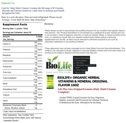 Label for BioLife+ Oganic Herbal Vitamins & Mineral Original Flavor