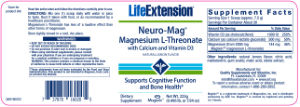 Label for Neuro-Mag Magnesium L-Threonate With Calcium And Vitamin D3 Natural Lemon Flavor