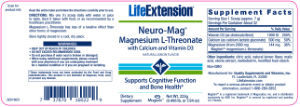 Label for Neuro-Mag Magnesium L-Threonate With Calcium And Vitamin D3 Natural Lemon Flavor