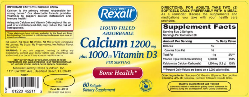 Label for Liquid Filled Absorbable Calcium 1200 mg Plus 1000 IU Vitamin D3