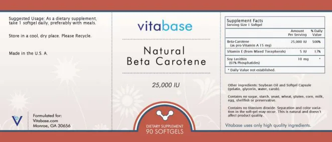 Label for Natural Beta Carotene 25,000 IU