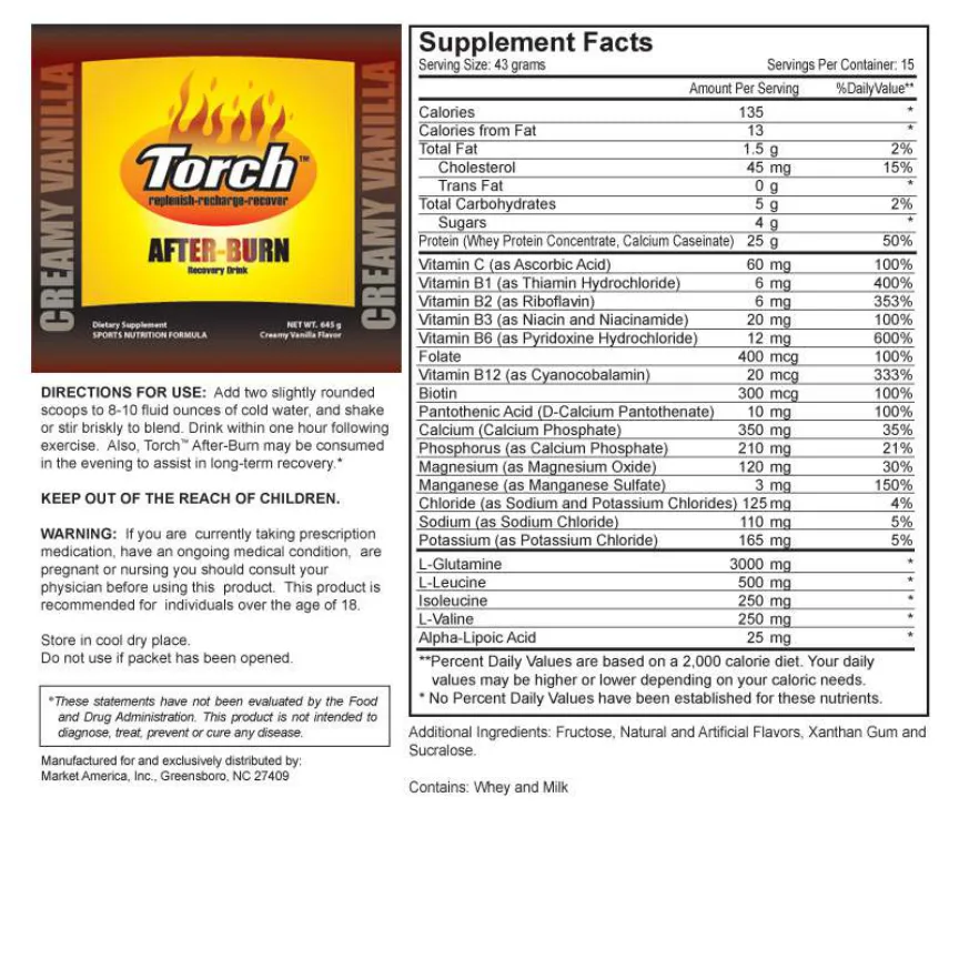 Label for Torch After-Burn Recovery Drink Creamy Vanilla Flavor