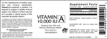 Label for Vitamin A 10,000 IU