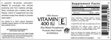 Label for Vitamin E 400 IU Plus Mixed Tocopherols