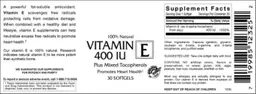 Label for Vitamin E 400 IU Plus Mixed Tocopherols