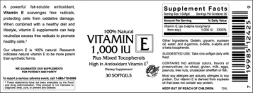 Label for Vitamin E 1,000 IU Plus Mixed Tocopherols
