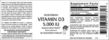 Label for Vitamin D3 5,000 IU