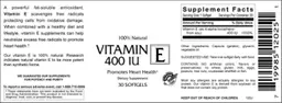 Label for Vitamin E 400 IU