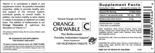 Label for Orange Chewable C Natural Orange and Honey
