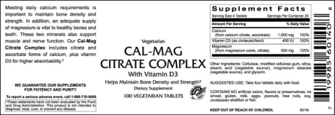 Label for Vegetarian Cal-Mag Citrate Complex With Vitamin D3