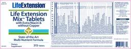 Label for Life Extension Mix Tablets With Extra Niacin & Without Copper