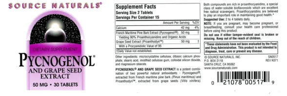 Label for Pycnogenol And Grape Seed Extract 50 mg