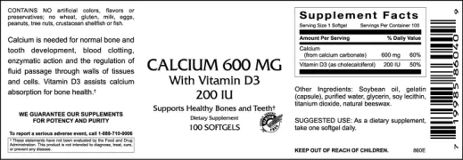Label for Calcium 600 mg With Vitamin D3 200 IU
