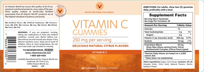 Label for Vitamin C Gummies 250 mg Delicious Natural Citrus Flavor