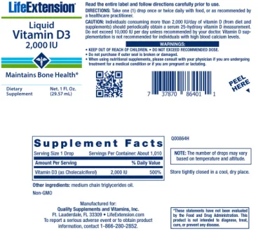 Label for Liquid Vitamin D3 2,000 IU