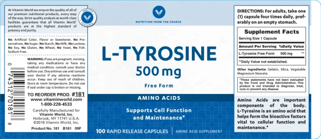 Label for L-Tyrosine 500 mg