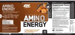 Label for Essential AMIN.O. Energy Iced Caramel Macchiato Flavor