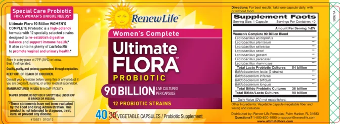 Label for Ultimate Flora 90 Billion Women's Complete Probiotic